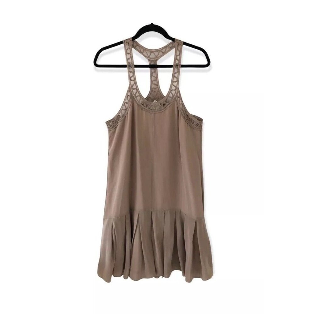 Joie Silk Embroidered Racer Back Ruffled Hem Tan Silhouette Dress​​​